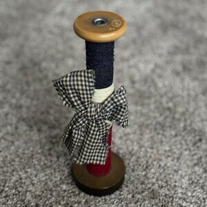 Ole Wooden Thread Spool Rustic Country Charm Candlestick Gingham Red White Blue